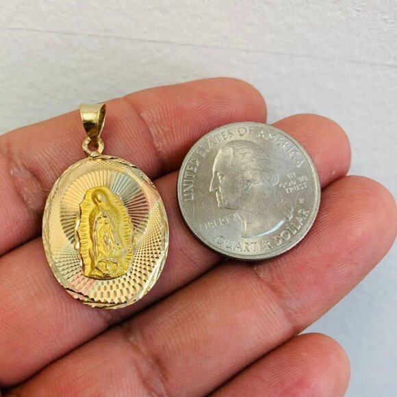 14K Solid Two Sided Gold Double Face Guadalupe Jesus Pendant - Picture 2 of 9